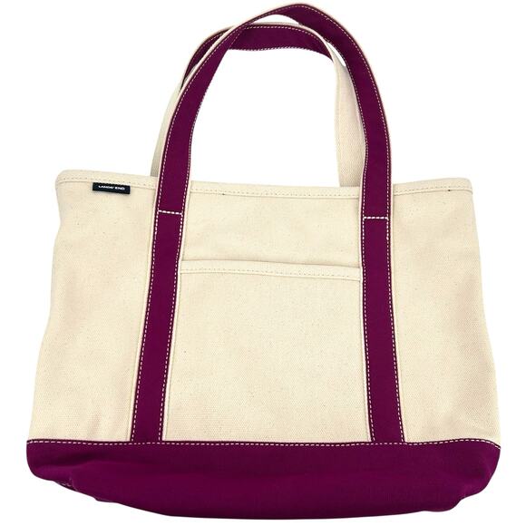 Lands' End Medium 5 Pocket Open Top Long Handle Canvas Tote Bag Ivory Magenta - Picture 1 of 10